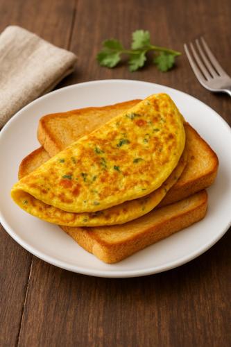 two omelets on a white plate with toast at Vinayaka Heritage in Patna