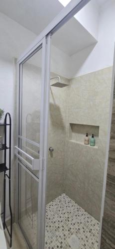 a shower with a glass door in a bathroom at penthouse 2 ground floor in San José Viejo