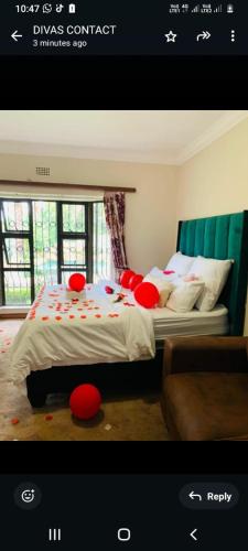 a bedroom with a bed with red pillows on it at Divas Guest house in Midrand