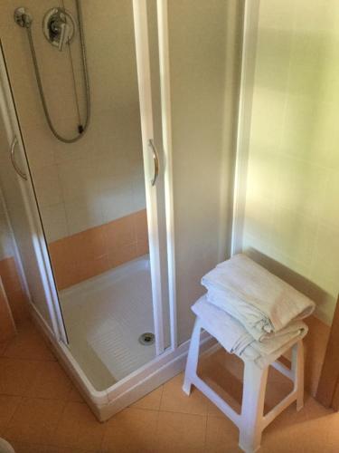 eine Duschkabine mit einem Stuhl im Bad in der Unterkunft Albergo Adige in Boara Pisani