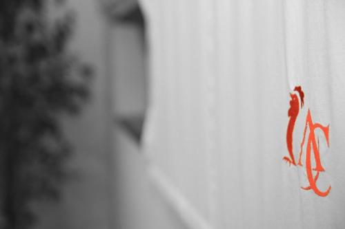 a red lizard on the side of a white curtain at Albergo della Ceramica in Villanova Mondovì