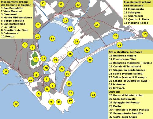 a map of the city with yellow signs at Antico Centro Quartu in Quartu SantʼElena