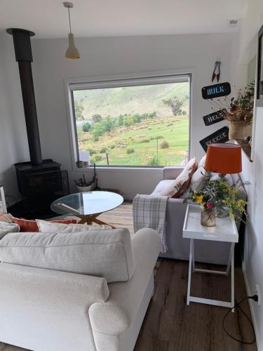 un salon avec un canapé et une fenêtre dans l'établissement Merino Cottage Meadowbank Lake, à Ellendale