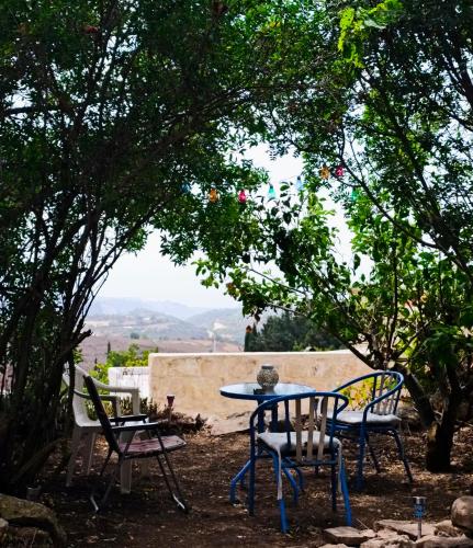 a table and chairs sitting under some trees at DC Family Home & Garden - Traditional village house in Pano Arodes