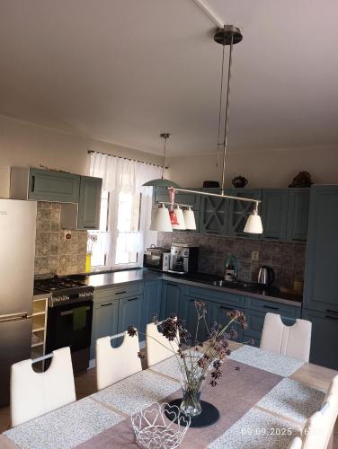 a kitchen with blue cabinets and a table with white chairs at U Macků in Němčičky