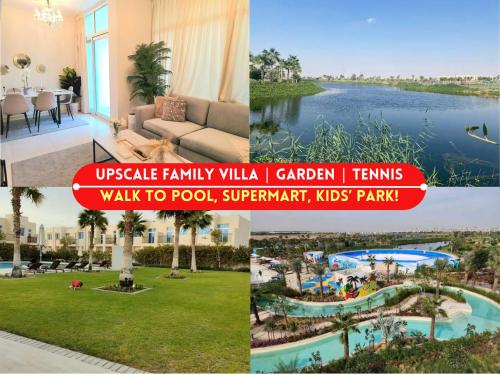 een collage van foto's van een resort met een zwembad bij Chic 3BR Villa Victoria, Kids Fun, Waterpark! in ‘Ūd al Bayḑāʼ
