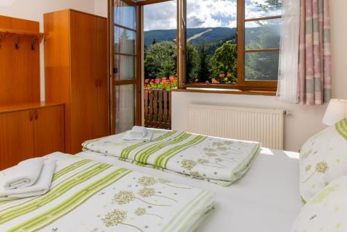 two beds in a room with a window at Apartmany Aneta in Špindlerův Mlýn