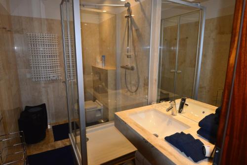 a bathroom with a shower and a sink and a glass shower stall at Jurata Apartment in Jurata