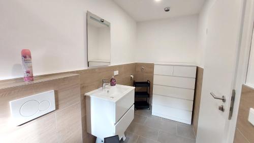 a bathroom with a white sink and a mirror at Fewo Helene im schönen Odw in Mörlenbach