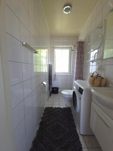 a bathroom with a washing machine and a sink at Litet och mysigt semesterboende in Ystad