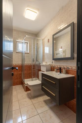 a bathroom with a toilet and a sink and a shower at Villa Royal 2 with a pool in Novalja