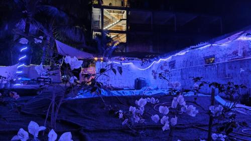 a building with blue lights on it at night at Vibe Stay by Andaz in Arambol