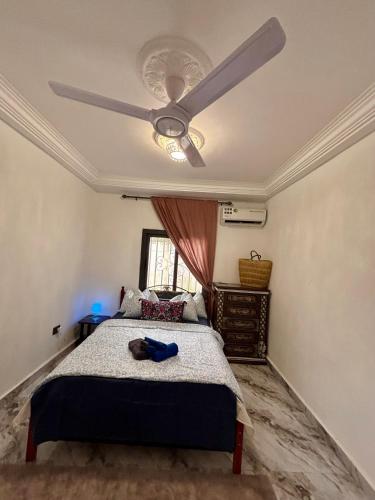 a bedroom with a bed with a ceiling fan at The Gambian Princess in Sukuta