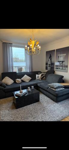 a living room with a black couch and a chandelier at FeWo Elisabeth am Harztor in Osterode