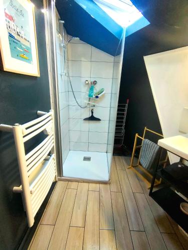 a glass shower with a man inside of it at Charming apartment bordering Versailles in Buc