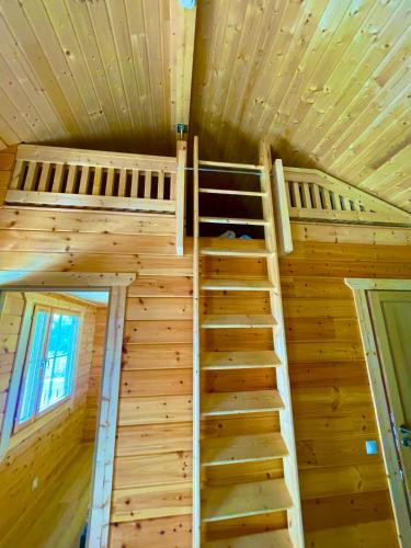a ladder in the middle of a cabin with wooden walls at Cottage scandinave 89 in Bourbourg