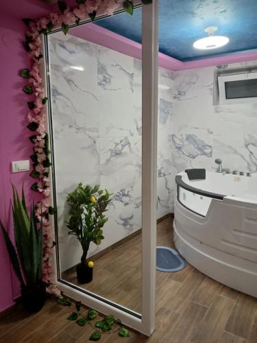 a bathroom with a tub and a sink and a mirror at Apartman IN Pančevo in Pančevo