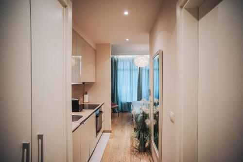 a small kitchen with a sink and a window at Beograd na vodi - BW AURORA LUXURY in Belgrade