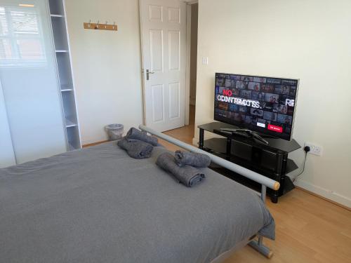 a bedroom with a bed and a flat screen tv at Comfortable and Peaceful 2 Bedroom Flat with Shared Bathroom and Kitchen Close to Manchester Airport in Manchester