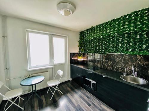 a bathroom with a sink and a counter with a window at Black Apartment at Blossom Hill in Tallinn