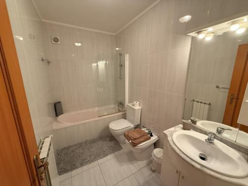 a bathroom with a sink and a toilet and a tub at Cozy and Quiet Apartment near the Center in Braga