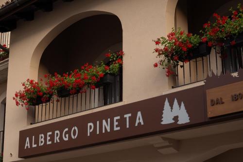 a sign for a albergo pinchereria on a building with flowers at Albergo Pineta dal 1891 in Villetta Barrea