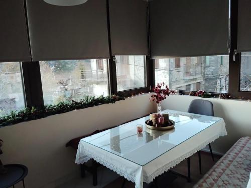 a white table in a room with windows at Dimitra's traditional house in Katarráktis
