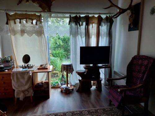 a living room with a television and a window at Aaviku Holiday Home in Eiste