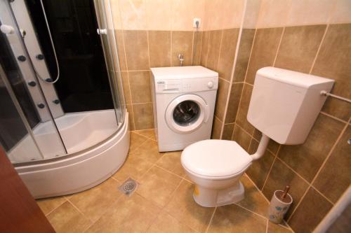 a bathroom with a toilet and a washing machine at Apartments Panorama in Kotor