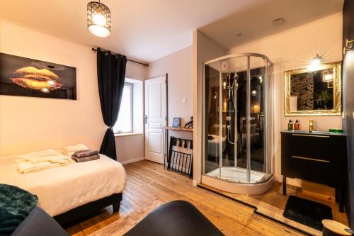 a bedroom with a shower and a bed at Love Room Troarn 70 m2 - La Discrète in Troarn
