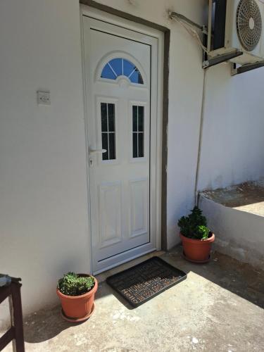a white door with two potted plants in front of it at Radovići,Luštice in Radovići