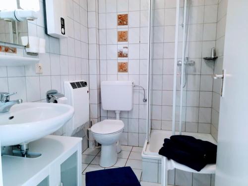 a bathroom with a toilet and a sink and a shower at Ferienhaus Leuchtqualle in Dornumersiel