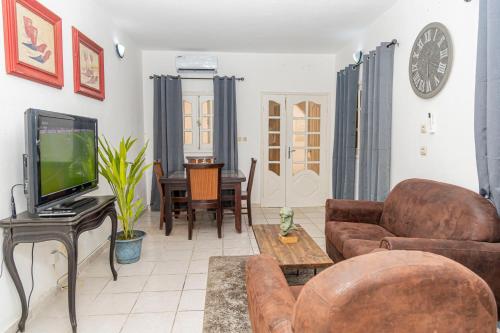 a living room with a couch and a tv at La Villa des Pins - Appartement Alep in Lope
