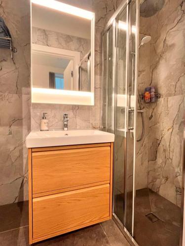 a bathroom with a sink and a shower at Suite Nr 9 - J26 LUXURY APARTHOTEL, Jauniela 26 Old Riga - Top Location in Rīga