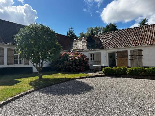 a house with a tree and a gravel driveway at La Bergerie - Chambres d'hôtes entre terre et mer in Recques-sur-Course
