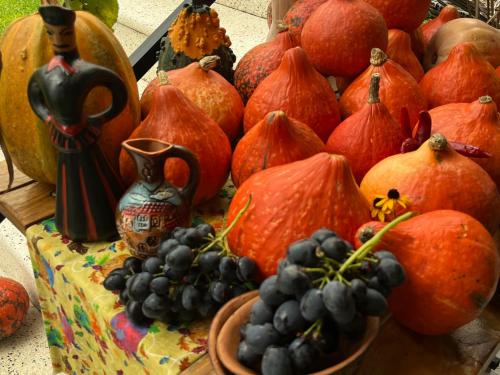 a pile of pumpkins and grapes on a table at Mountain View in Lagodekhi