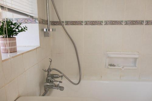 a shower in a tiled bathroom with a sink at Ondini Guest House in Winterton