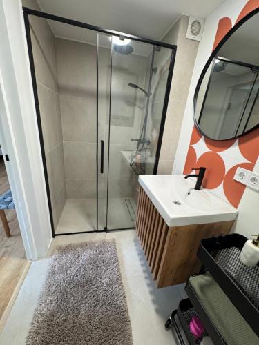 a bathroom with a shower and a sink and a mirror at White Sand Studio in Pāvilosta