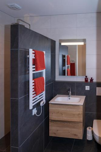 a bathroom with a sink and a mirror at Luxe Kamer - Strand & Zee in Zoutelande
