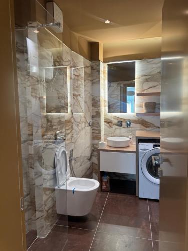 a bathroom with a toilet and a sink at central apartments in Tirane