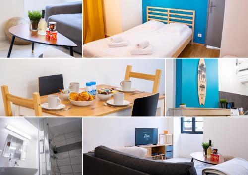a collage of photos of a room with a bed and a table at Cosy Tournusien By Primo Conciergerie in Tournus