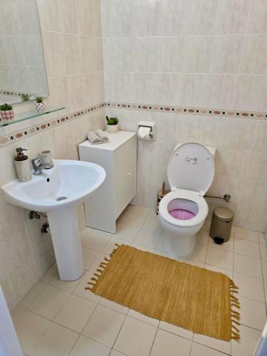 a bathroom with a toilet and a sink at The Garden & Pool Townhouse in Paphos