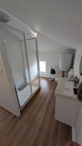 a room with a mirror on the floor in a room at Charmant T2 tout confort, à deux pas du centre in Lisle-sur-Tarn