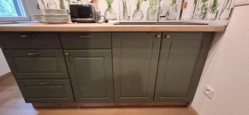 マールにあるbei GRETA Wohnung 77のキッチン(緑のキャビネット、カウンタートップ付)