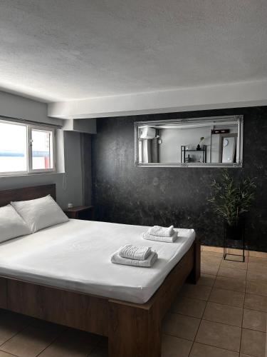 a bedroom with a large bed with a mirror on the wall at TheLoft Apartment in Kavála