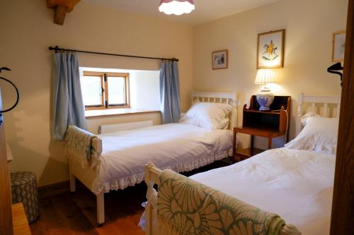 a bedroom with two beds and a window at Mountain View Farm Cottage in Crickhowell