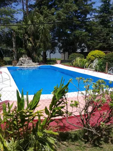 una piscina azul en un patio con plantas en Complejo LOS PINOS, en La Porteña