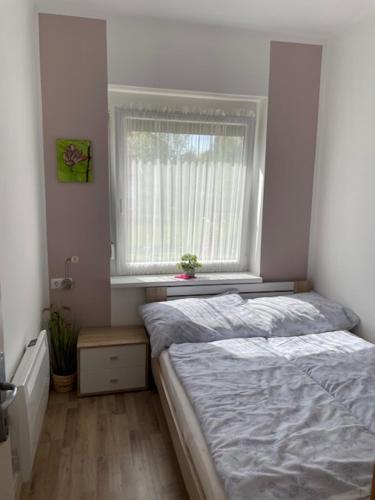 a bedroom with a bed and a window at Két szobás, teraszos, kertes vendégház in Balatonmáriafürdő
