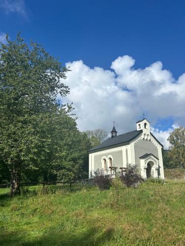 a white church on a hill in a field at Apartmán u Čertova mlýna in Špičák