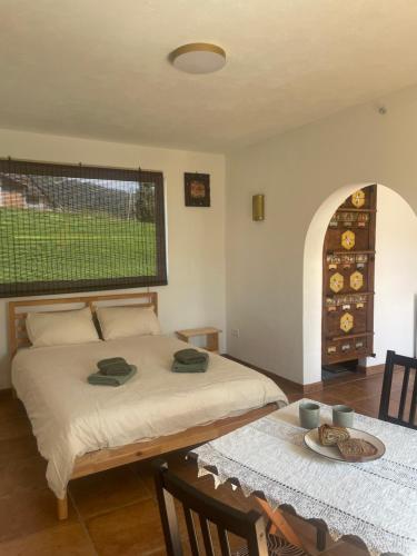 a bedroom with a bed and a table and a window at Vila Malina in Gaberje
